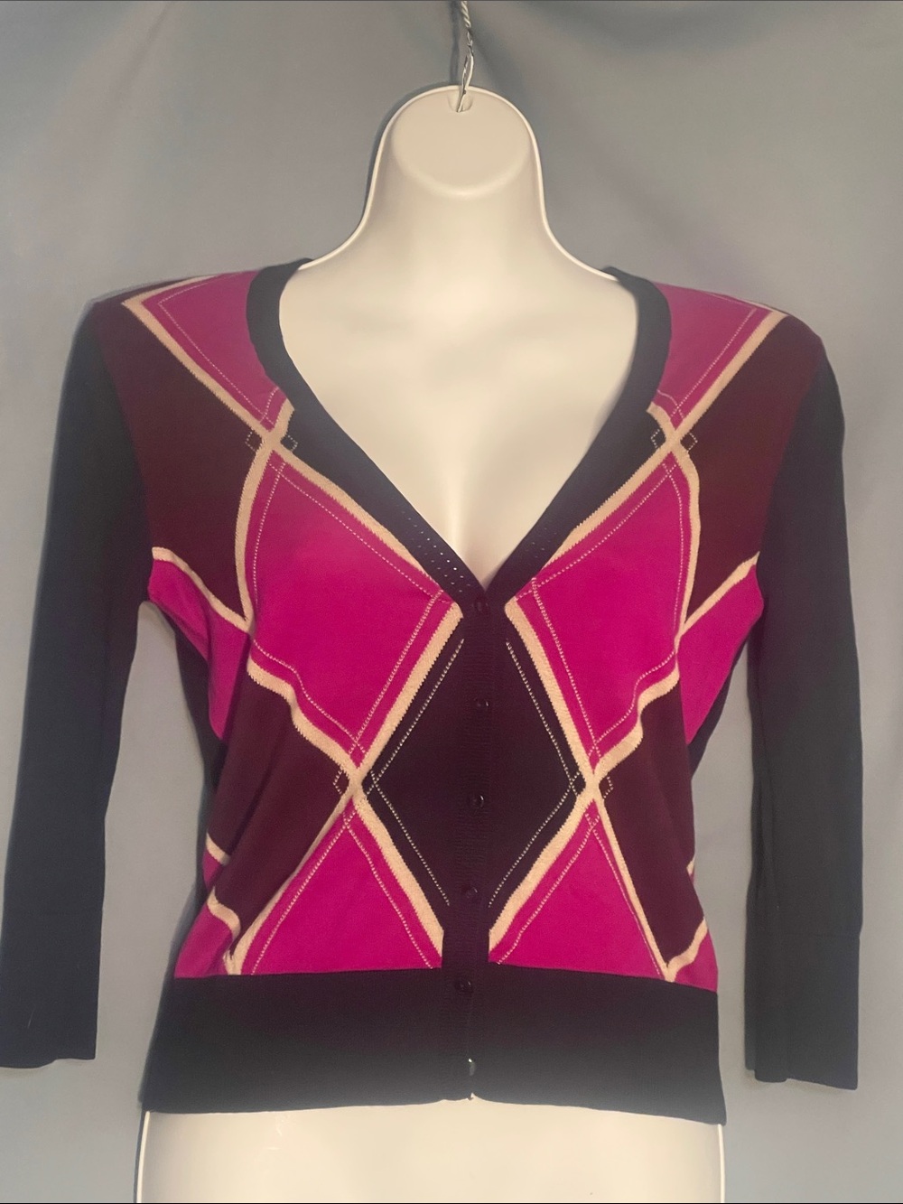 Banana Republic Pink and Black Argyle V-Neck Cardigan